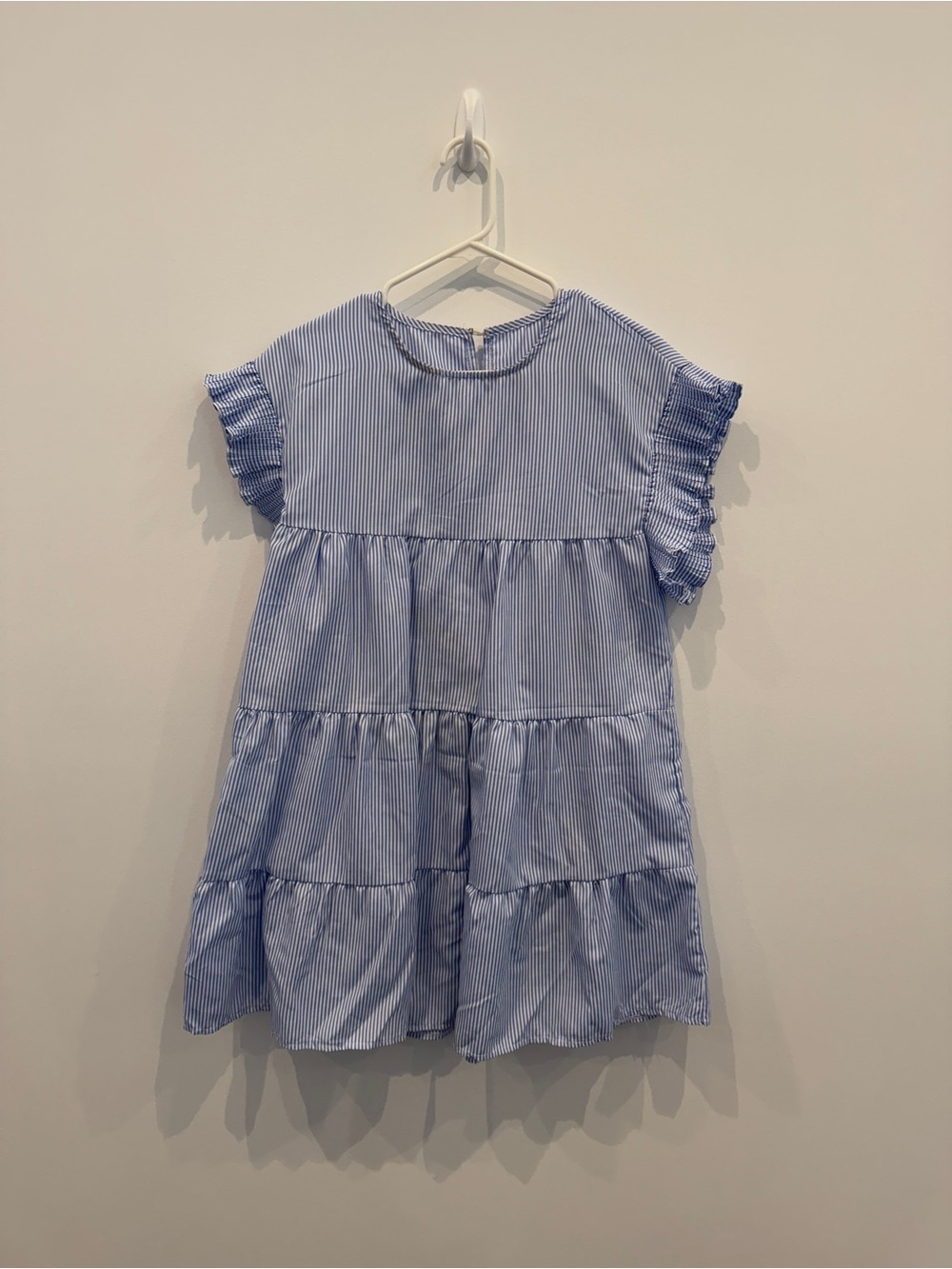 Blue and White Striped Ruffle Sleeve Tiered Dress